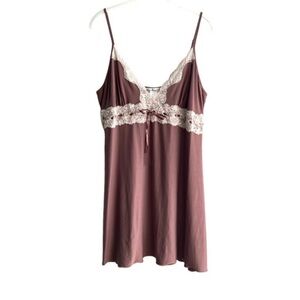 Linea Donatella Babydoll Chemise Slip Dress Lace Detail Negligee Brown Size L